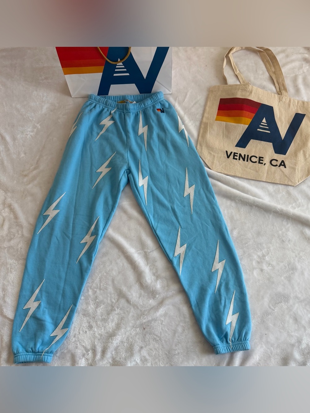 - NWT Aviator Nation Bolt Repeat Sweatpants Sky Medium + Tote Bag
